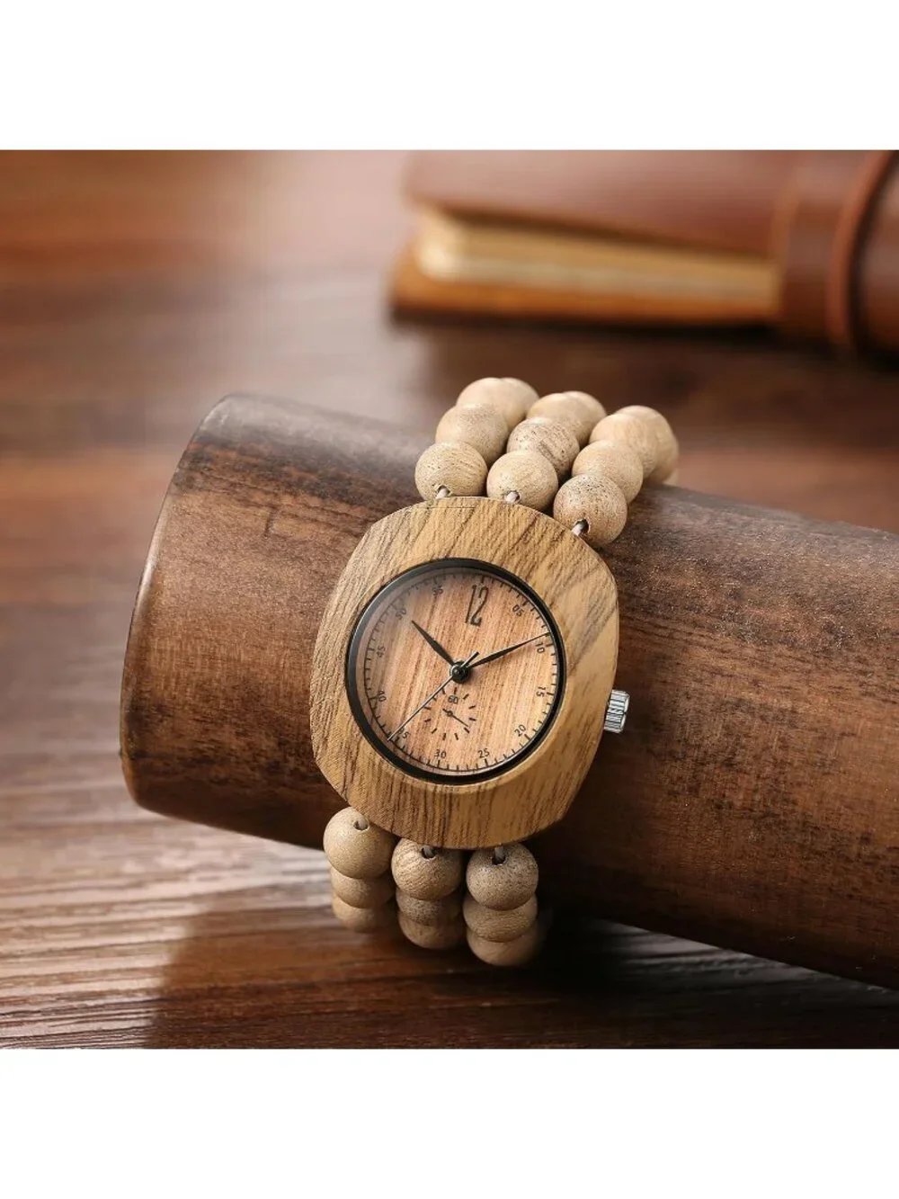 Women's Beige Analog Quartz Buddhist Beaded Bracelet Elastic Wrist Wooden Watch